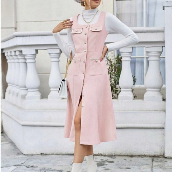 Flap Pocket Button Front Midi Dress Pink - Picture 5 of 6